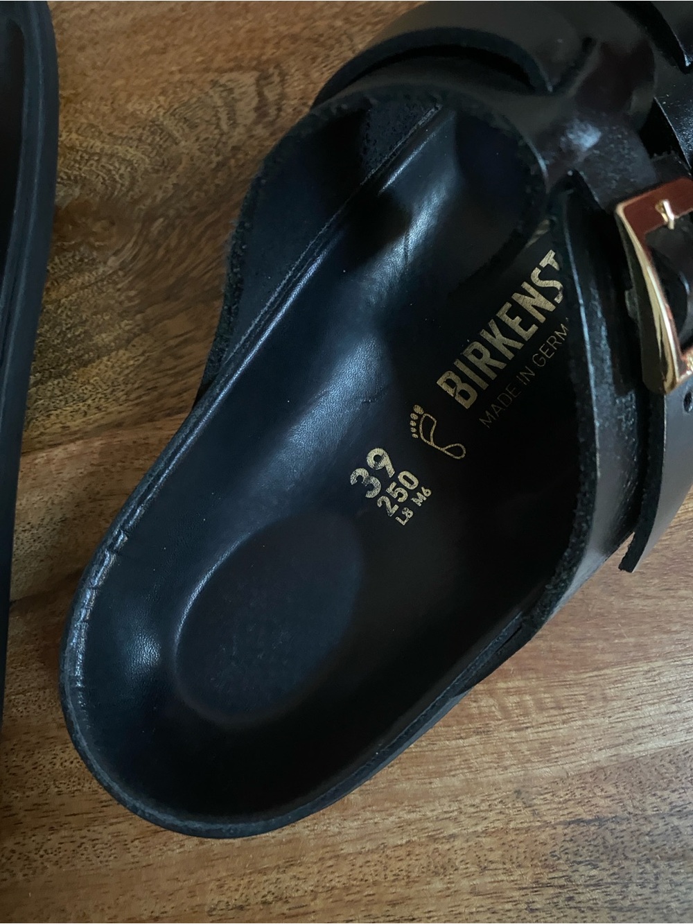 Birkenstock St Barths Black Leather Double Two-Strap Sandals with Gold Buckles - Picture 13 of 16